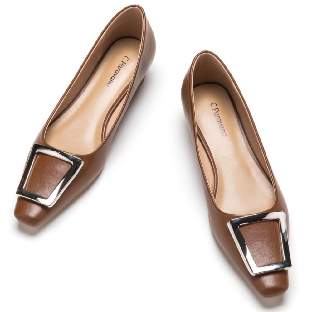 C.Paravano Metal Buckle Square Toe Low Block Heel Closed Toe Heeled Lambskin 37